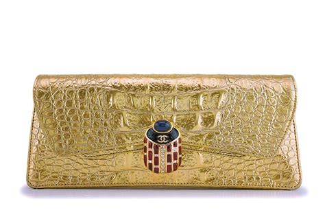 NIB 19A Chanel Gold Crocodile Embossed Limited Evening 